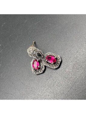 Vintage Sterling Silver Drop Earrings Pink Red Gemstones Ornate Pierced Ears